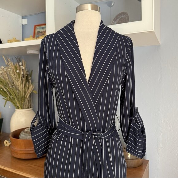 ARITZIA BABATON Kahlo Robe Coat Jacket Navy Blue Pinstripe - Picture 9 of 12
